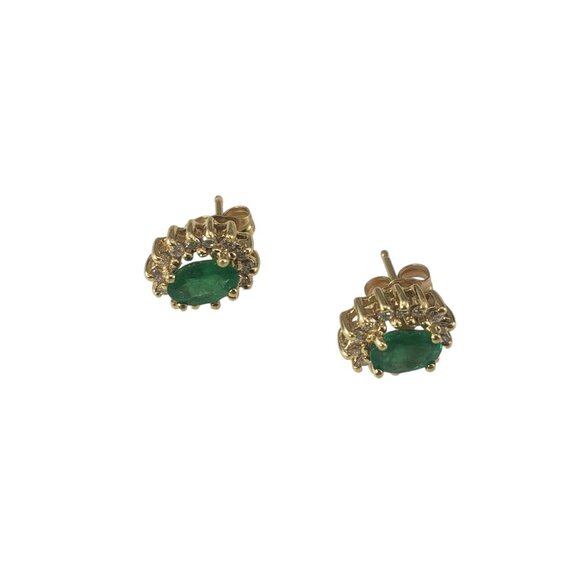 14 Karat Yellow Gold Emerald Diamond Halo Stud Earrings #19463 - Picture 3 of 9